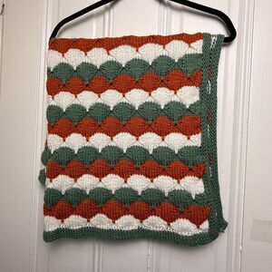 Handmade Crochet Throw Blanket Wave Pattern Green Orange White Boho Home Granny
